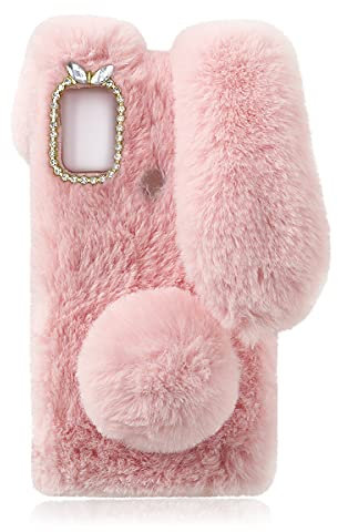 Mikikit Flauschige Plüschhülle für A21s, Süßer Hase Pelzige Mädchen Cover 3D Tier Fuzzy Schutzhülle Kaninchen Haar Kawaii Kid Spielzeug Spaß Frauen Telefon Shell für A21s Rosa