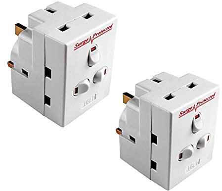 2 Pack 3 Way Extension Plug Surge Protection UK Wall Mains Power Adapter 13 AMP 250V Multi Plug 3 Gang Individually Switched Neon Block Socket Splitter - White
