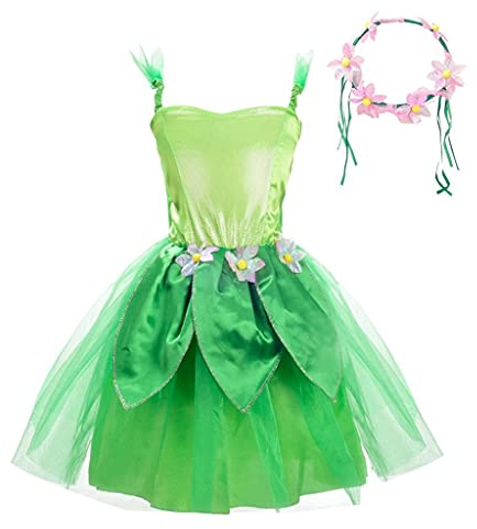 Lito Angels Märchenfee Kostüm Grüne Fee Kleid mit Blumen Stirnband Blumenkranz Haare für Kinder (M, L, XL)