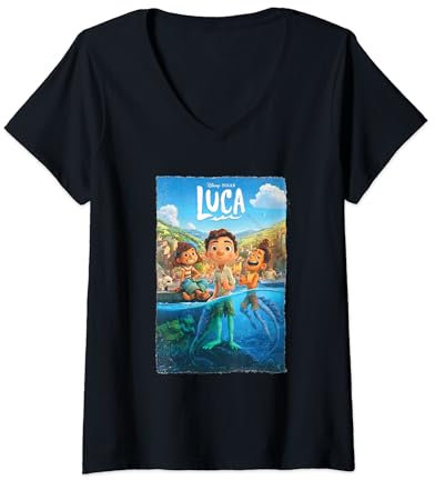 Damen Disney and Pixar’s Luca Movie Poster T-Shirt mit V-Ausschnitt