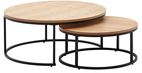 KADIMA DESIGN Couchtisch-Set mit Marmor-Optik: Eichenholz, Metallgestell, 80x80x36 cm & 60x60x26 cm, ineinanderschiebbar Farbe: Beige