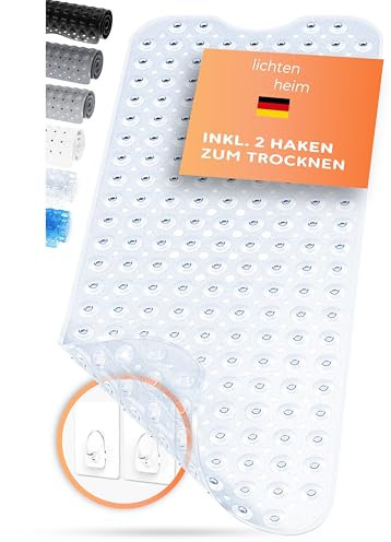 LICHTENHEIM Duschmatte rutschfest Sensitiv 100x40 cm - INKL 2 Haken - Badewannenmatte rutschfest - Antirutschmatte Badewanne BPA frei - Badematte schimmelresistent & waschbar (Durchsichtig)