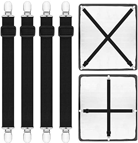 4 Stück Verstellbare Bettlakenspanner, Betttuchspanner verstellbar Bettlakenspanner Einstellbereich 55-240cm Lakenspanner mit Metallclips matratzenspanner für Bettlaken, Bügelbrett Oder Sofa(Schwarz)