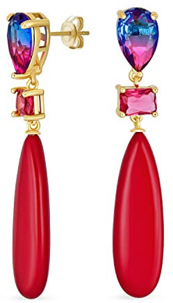 Único Geométrico Lineal Rojo Turquesa Alargada Plana Lágrima Rectángulo Multi Forma Arco Iris Rosa Cz & 3 Fiesta De Piedras Preciosas Naturales Colgando Pendientes Para Mujeres En Plata Plateada