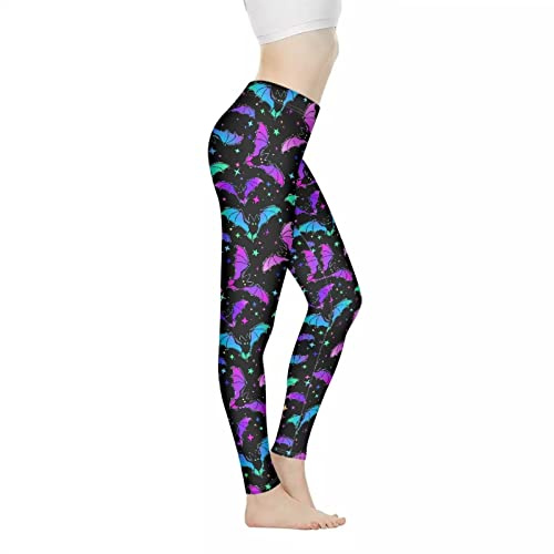 Biyejit Halloween Colorful Bats Leggings for Women Stretchy High Waisted Tummy Control Leggings Sports Workout Gym Running Yoga Pants