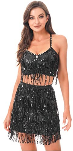 TiaoBug Damen Glänzend Pailletten Bustier Top und Hohe Taille Flapper Fransen Rock Zweiteiler Bauchtanz Kostüm Schwarz M