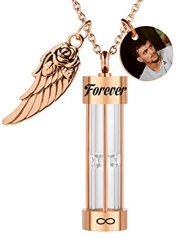 MeMeDIY Personalisierte Urne Herren Halskette für Asche Edelstahl Sanduhr Memorial Anhänger mit Engelsflügel Rund Bild Anhänger Andenken-Roségold