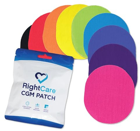 RightCare CGM Adhesive Universal Overpatches for Freestyle Libre 2 & Lingo, Dexcom, Guardian, Enlite, Waterproof, Non-Adhesive Center, Covered Oval Protective Patches, Multicolor Assortment, Bag of 25