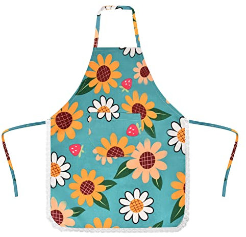 Schürze Damen Kochschürze Damen Küchenschürze Kochschürzen Wasserdicht Kochschürzen mit Taschen Frauen Grillschürze Backschürze Kellnerschürze Baumwolle Apron für Chef Kochen Café (Sonnenblume)
