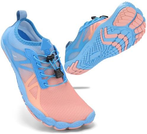 STQ Badeschuhe Damen Wasserschuhe Schnell Trocken Surfschuhe Bequem Atmungsakitv Surfschuhe Slip on Barfusschuhe Auqaschuhe für Outdoor Wassersport Blau Rosa 42 EU