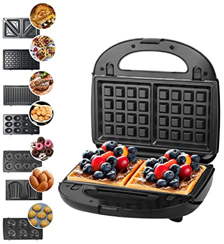 Hoapin Appareil à Croque Monsieur 7 en 1, Machine à Sandwich, Gaufrier, Presse à Paninis, 7 Plaques Antiadhésives et Interchangeables, Thermostat Automatique, 750W