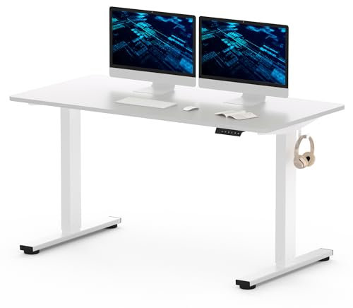 FLEXISPOT 140x80cm Electric Standing Desk Height Adjustable Desk ONE PIECE Sit Stand Desk Stand Up Desk with Memory Smart Pannel (White Frame+White Desktop)