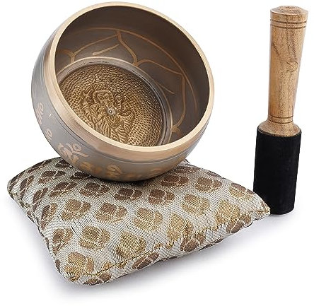 Ajuny Cuenco budista tibetano para cantar, Shree Ganesha, sonido de meditacion de campana OM beige, 4 pulgadas de diametro para accesorios de relajacion y meditacion, palo y cojin incluidos