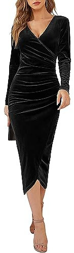 Joligiao Women Long Sleeve Velvet Elegant Party Dress - Sexy Ruched Wrap Cocktail Dress with High Waist Slit - Black