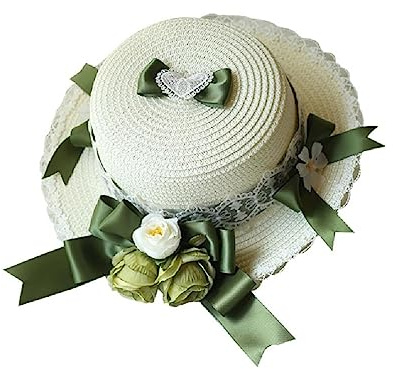 Generisch Strohhut für Damen, Spitze, Blume, mit breiter Krempe, atmungsaktiv, Kopfbedeckung, französischer Stil, Sommerhaube, flache Oberseite, Sonnenhut, grün, M