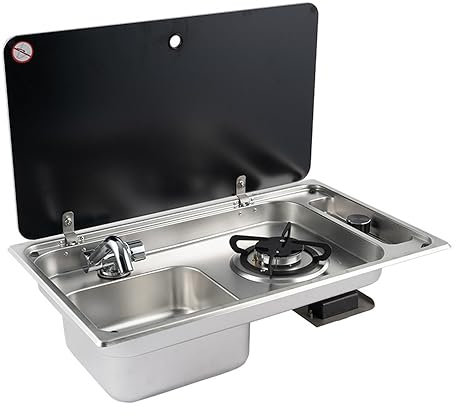 QINGDONGDZA Gas-Campingkocher-Spülbecken-Combo mit Glasdeckel, Auto-Gaskocher, Camping Small Edelstahl- und Spülen-Combo für Hausboot Wohnmobil Wohnmobil Camper mit Spüle