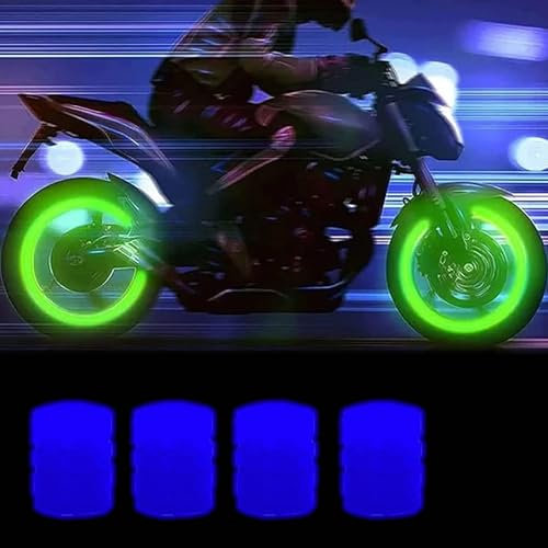 Donubiiu Glow In The Dark Tire Valve Caps, Luminous Car Tire Valve Stem Caps, Light Up Tire Valve Caps, Universal Fluorescent Glowing Valve Caps for Cars, Bicycle, Trucks, SUV, Motorbike (4pcs Blue)