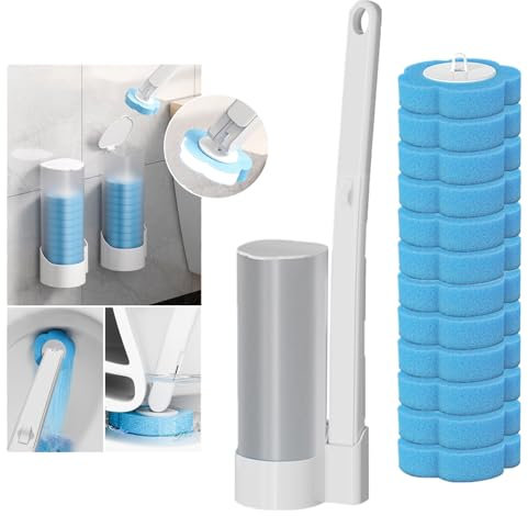 Baketron Disposable Toilet Brush with 12 Refills,Disposable Toilet Cleaning System with Holder, Disposable Replacement Brush Head Toilet Brush Set for Loo Bathroom Lavatory Restroom