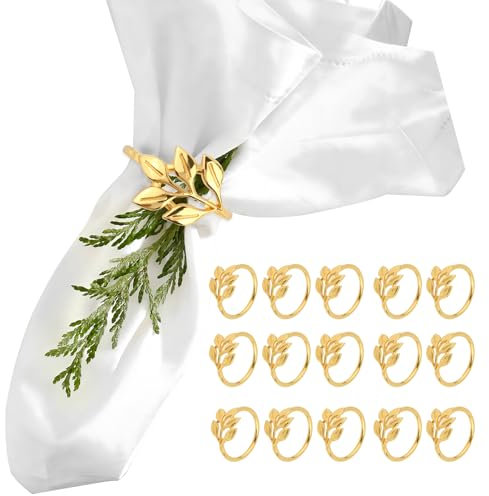 16 Stück Serviettenringe Gold, Metall Serviettenschnallen, Blätter Serviettenhalter, Elegante Servietten Schnallen, Napkin Rings für Thanksgiving Hochzeitsfeier Familienessen Ostern Tischdekoration