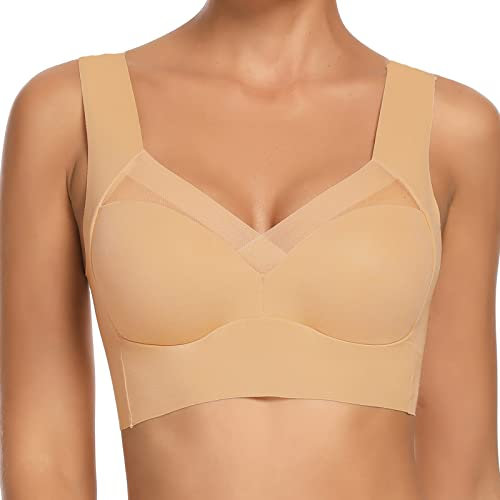 WOWENY Soft BH Ohne Bügel Vollschalen BH Damen Ohne Bügel mit Breiten Träger Schlaf Bustier Bralette Damen Komfort Weicher Klassischer Unterwäsche Braun 3XL
