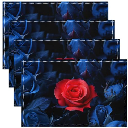 Set von 4 Mädchen Floral 45Bx30L Tischmatten,Rote Blaue Rose Platzmatten für Erwachsene Männer Frauen Paar,Romantische Retro Blumen Tischsets,Blüten Valentinstag wasserdichte Tischsets,Anti Rutsch