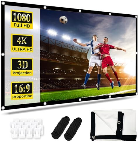 Pantalla de Proyector 150 Pulgadas, Pantalla de Proyección 16:9 Full HD 4K, Pantalla 3D Plegable Antiarrugas, Proyección a Doble Cara con Ganchos, Cuerdas, Pantalla para el Hogar, Escuela