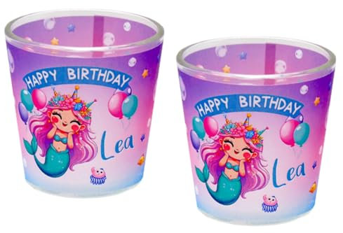 ZauberDeko Windlicht Banderole Meerjungfrau Geburtstag Kinder Party Votivglas Mädchen Tischdeko PERSONALISIERT 7,5cm Hoch, Menge:2 Stück