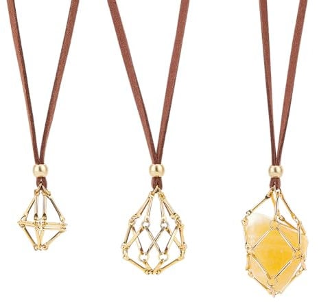 UNICRAFTALE 3Pcs 3 Sizes Adjustable Crystal Necklace Holder Empty Stone Holder Faux Cord Necklace with Golden Empty Crystal Cage Brass Macrame Pouch for Pendant Necklaces Making