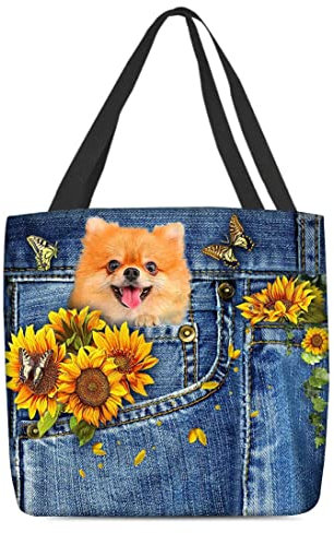 Schultertasche Damen Handtasche Faltbar Strandtasche Wiederverwendbare Einkaufstasche Tragetasche Für Arbeit Büro Reisen Einkaufen Pommern In Jeans-Tasche Und Sonnenblumen