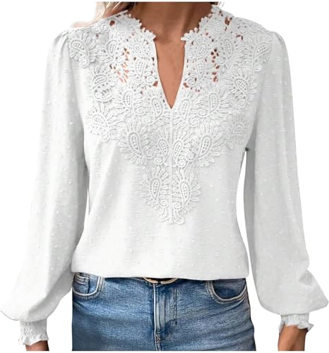 HAOLEI Long Sleeve Tops for Women UK Elegant Petite Lace V Neck Blouse Shirts Plain Swiss Dot Tunic Tops Dressy Casual Outfits Work Y2K Clothes Going Out Tops Ladies Sale Clearance Size 8-16