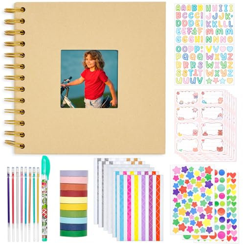 Kid Scrapbook Photo Album Hard Cover DIY Photo Album for Kids Instant Camera Print Paper with DIY Accessories (Brown)
