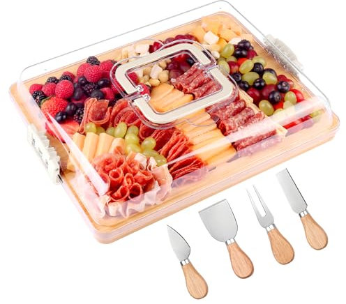 CAWIU Tagliere per salumi con coperchio e manico, set portatile da viaggio in bambù con 4 strumenti per formaggio, regalo per inaugurazione della casa, matrimoni, picnic (6 scomparti, bianco)
