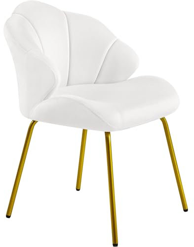 Yaheetech Lot de 2 Fauteuil de Salon Moderne, Design Coquillage, Chaise de Chambre à Coucher Confortable, Rembourré, Ergonomique, Fauteuil en Velours avec Dossier, Pieds en Métal Plaqué Or, Blanc