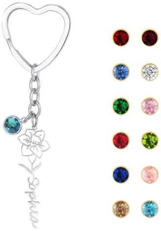Porte Cle Femme Personnalisé Prénom - Porte-clé prénom avec fleur de naissance et pierre d’anniversaire Cadeau Noël Mariage Bijoux pour Maman Petite Amie Soeur Famille (Cœur d'argent)
