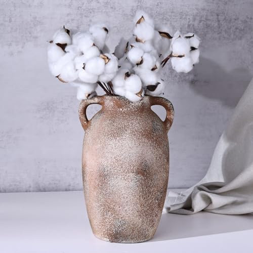 Rustikale Bauernhaus-Keramikvase Braun mit 2 Griffen, Terrakotta-Vase Braun, Dekorative Töpfer-Blumenvase für Wohnkultur, Tisch, Hochzeit, Wohnzimmer, Regal