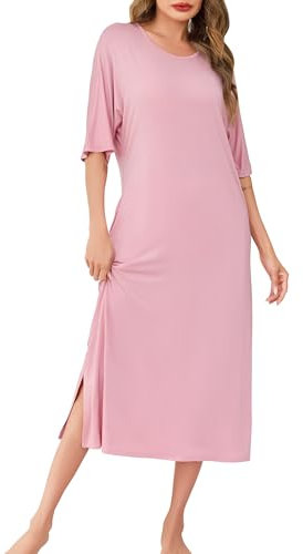 Wikoan Chemise de Nuit Ete Chemise de Nuit Longue pour Femme Grande Taille Chemise de Nuit Manches Courtes Vêtements de Nuit Femme avec Poches Rose S