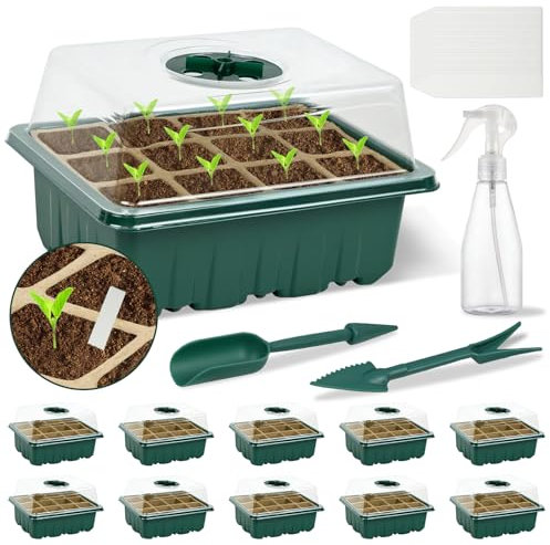 Ulikey Semenzaio Germinazione, 10 Pezzi Vassoio per Piantine,Mini Serra per Piantine con Cupole Ventilate, Vasi per Vivai Biodegradabili al, 20 Etichette, 2 Pale, Vasetti per Piantinesemina (Verde)