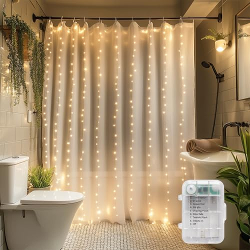 Patioman Rideau de douche à DEL étanche – Guirlande lumineuse de 183 cm pour salle de bain, 8 modes, éclairage d'ambiance blanc chaud pour salles de bains sombres et décoration extérieure (sans rideau