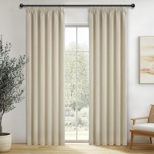 MRTREES Long Blackout Pencil Pleat Curtains for Living Room, Thermal Bedroom Curtains Multiple Hanging Methods, 2 Panels 228x183 CM 90x72 Inch Beige