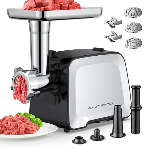 CHEFFANO Life - Electric Meat Grinder, Sausage Maker with 2 Blades, 3 Plates, Sausage Tube and Kubbe Kit, [2000W Max] Heavy Duty Meat Grinder for Home Use