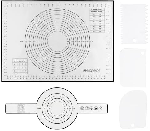 Beylce Backmatte Silikon mit 3 Stück teigkarte 1 Stück brotschlinge, Antihafte Rutschfeste Silikonmatte Groß 70 x 50 cm, Teigmatte Teigunterlage mit Messung für Fondant Pizza Brot Matte BPA Frei