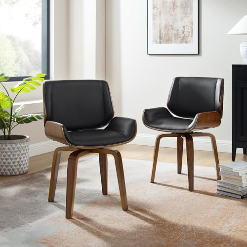 Zouron Drehstuhl Esszimmerstühle Schwarz 2er Set - Nussbaumholz Mid Century Modern Schreibtischstuhl Kunstleder Walnussholz-Beinen, Küchen-Esszimmerstühle mit gepolsterter Sitzfläche