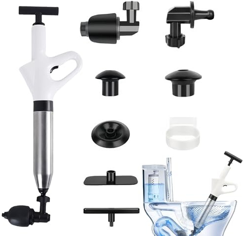 Déboucheur de canalisations à air comprimé, pompe avec 4 adaptateurs en caoutchouc et indicateur de pression atmosphérique, pompe de nettoyage de tuyaux à air comprimé pour toilettes, lavabos, siphon