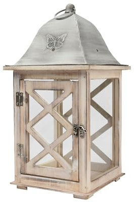 Farol con asa, 21 x 41 cm, madera, metal y cristal, para colgar o colocar de pie, farolillos decorativos de madera, farolillo de velas, transparente natural