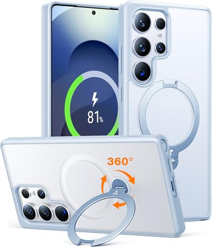 TORRAS Ostand Q3 Spin für Samsung Galaxy S25 Ultra Hülle TOP Militärschutz (360° Magnetischer Robust Standring) Matt Transluzente Rückseite Case Blau