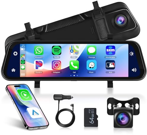 Rimoody Spiegel Dashcam mit Wireless Carplay Android Auto Bluetooth 9.66 Zoll HD IPS Touchscreen Dashcam mit Frontkamera Rückfahrkamera Sprachsteuerung/FM Sender/Loop-Aufnahme/Einparkhilfe/Parkmonitor