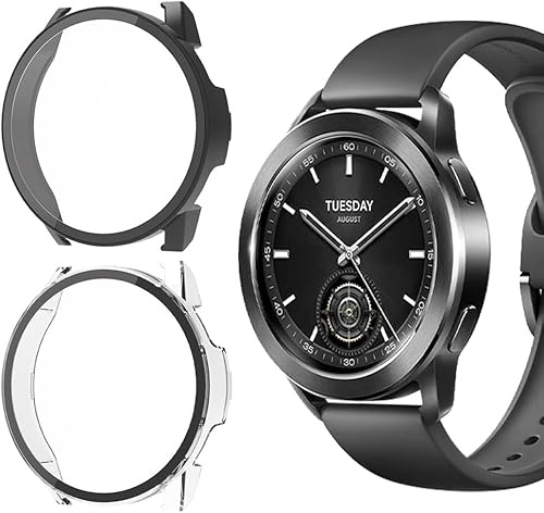 KeeFos 2-Pack Protector Funda Compatible con Xiaomi Watch S3, 9H Anti-Rasguños, PC Protector de Pantalla Funda con 9H Cristal Templado para Xiaomi Watch S3(Negro+Transparente)