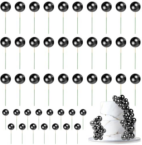 URAQT 45Pcs Ball Cake Topper Decorations, Pearl Ball Shaped Cake Insert, Mini Balloons Cupcakes Toppers Sticks, Colorful Balloons Cakes Decorations for Birthday Party Wedding, Black