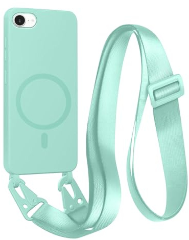 FMPCUON Handyhülle für iPhone 6/7/8/SE 2020/SE 2022 kompatibel Wireless Charging,Magnetisch Necklace Hülle mit Bands für Abnehmbar Kordel zum Umhängen Silikon Case,Minzgrün