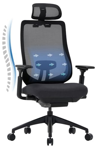 COLAMY XK01 Atlas Ergonomischer Bürostuhl, Netz-Chefsessel mit verstellbarem Kopfstütze, Computer Schreibtischstuhl Drehstuhl mit 4D-Armlehnen, Nylonbasis/Schiebesitz/Neigungssperre, Schwarz